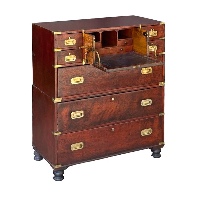 A fine British military officer’s Campaign ware secretary desk or secretaire from the 19th century, fashioned as a chest...