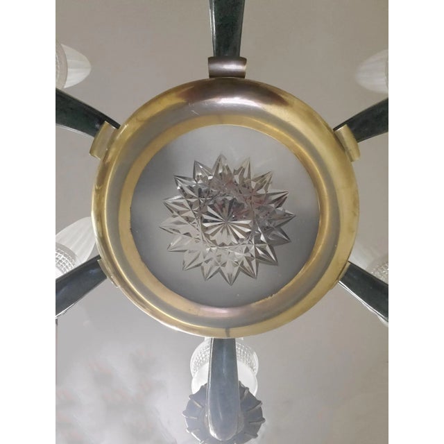 Mid 20th Century Frosted Glass and Bronze Six Arm Chandelier Attrib to Maison Baguès For Sale - Image 10 of 12