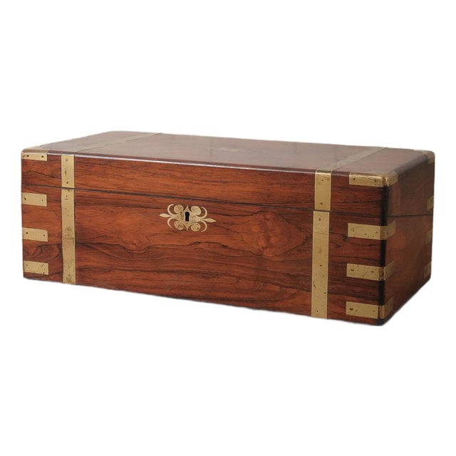 Vintage Brass Bound Campaign Writing Slope Lap Desk With Velvet Interior Storage Compartments Folding Travel Writing Box For Sale