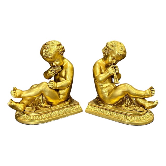 Early 20th Century Pair Of Antique Gilt Bronze Bookends Children With Musical Instruments For Sale