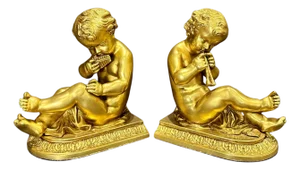 Early 20th Century Pair Of Antique Gilt Bronze Bookends Children With Musical Instruments