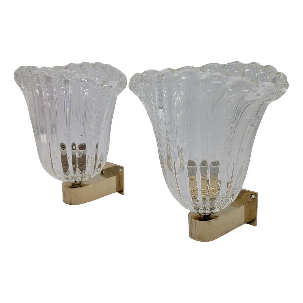 Murano Glass and Brass Wall Lights from Barovier&Toso, 1950s, Set of 2 For Sale