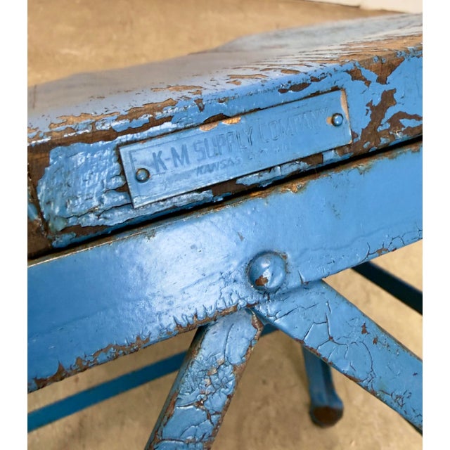 Cornflower Blue Antique Industrial Steel & Oak Chairs by Angle Steel Stool Co / K M Supply Company in Vivid Blue For Sale - Image 8 of 12