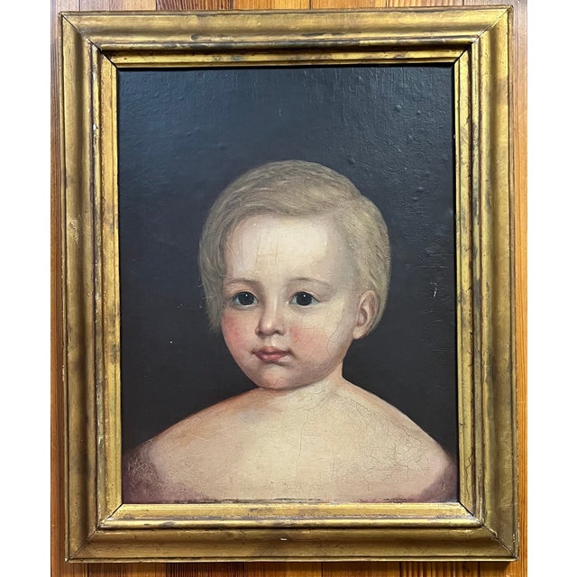 18th Century Antique 18th Century English George III Primitive Folk Art Oil Painting - Portrait of a Young Boy in Gilt Wood Frame Circa 1790 For Sale - Image 5 of 12