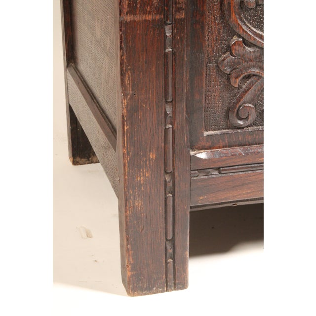Antique Tudor Style Carved Oak Trunk For Sale - Image 9 of 12