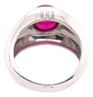 14 Karat White Gold Dome Ring With Garnet Cabochon and Diamond Accents