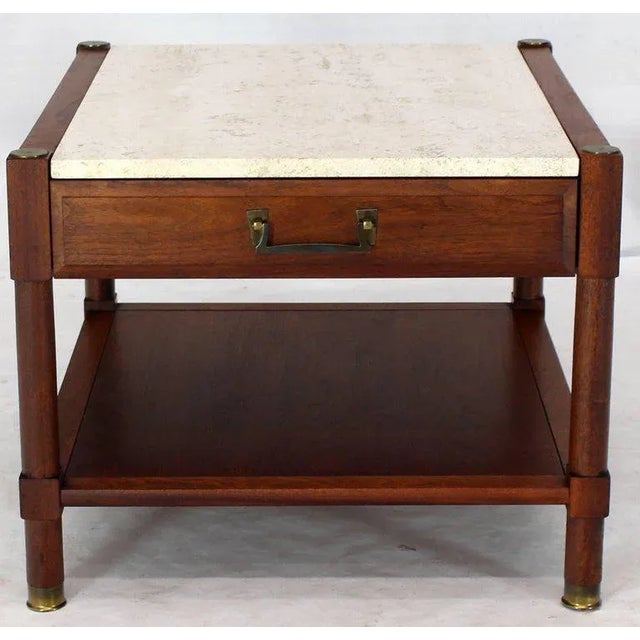 Wood 1970s Mid-Century Modern Travertine Tops One Drawer Oiled Walnut End Tables - a Pair For Sale - Image 7 of 14