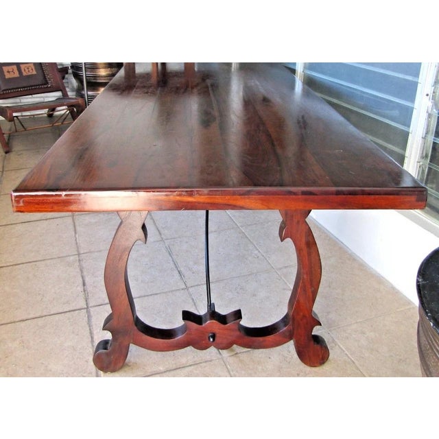 Brown Vintage Spanish Catalan Trestle Dining Table With Lyre Legs and Iron Stretchers For Sale - Image 8 of 15