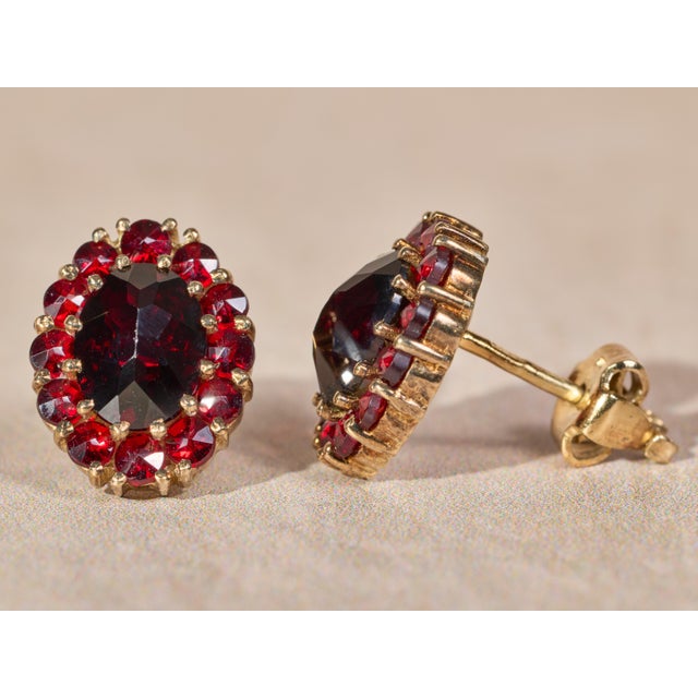Contemporary The Coronados: Ladies 14K Yellow Gold Bohemian Earrings set with Garnet, 2 Pieces For Sale - Image 3 of 6