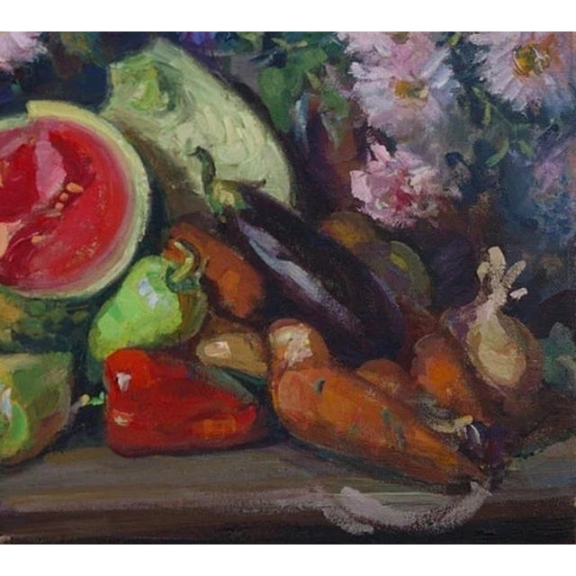 1980s Original Still Life Oil Painting: Flowers and Food, Ukrainian Art 78-88 For Sale - Image 5 of 6