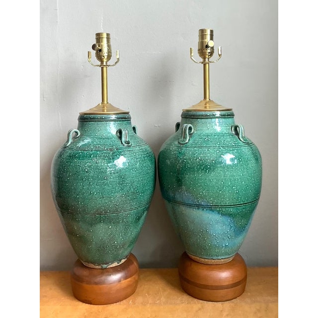 Late 20th Century Vintage Green Glazed Ceramic Table Lamps - Pair For Sale - Image 5 of 12