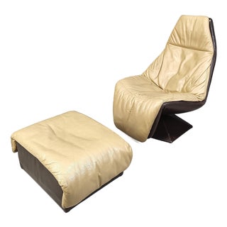 Set of Vintage Leather Swivel Chair and Ottoman, 1970s For Sale