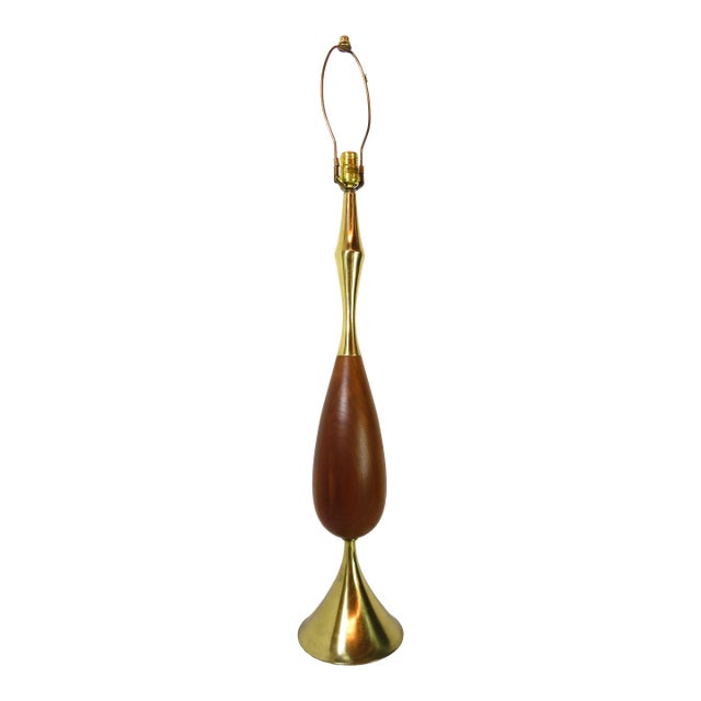 Mid Century Tony Paul for Westwood ~ Tall Walnut & Brass Table Lamp ~ Vintage Retro Designer Lighting For Sale