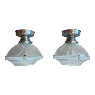 Vintage Holophane Ceiling Lights With Silver Holders - a Pair For Sale