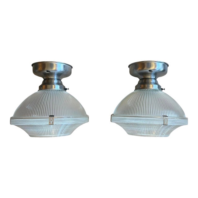 Vintage Holophane Ceiling Lights With Silver Holders - a Pair For Sale