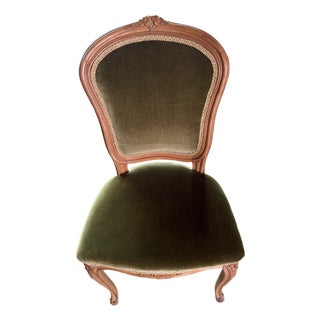 Antique Carved Walnut Chair Green Upholstery – Victorian Salon Style Seat For Sale
