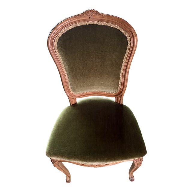 Antique Carved Walnut Chair Green Upholstery – Victorian Salon Style Seat For Sale