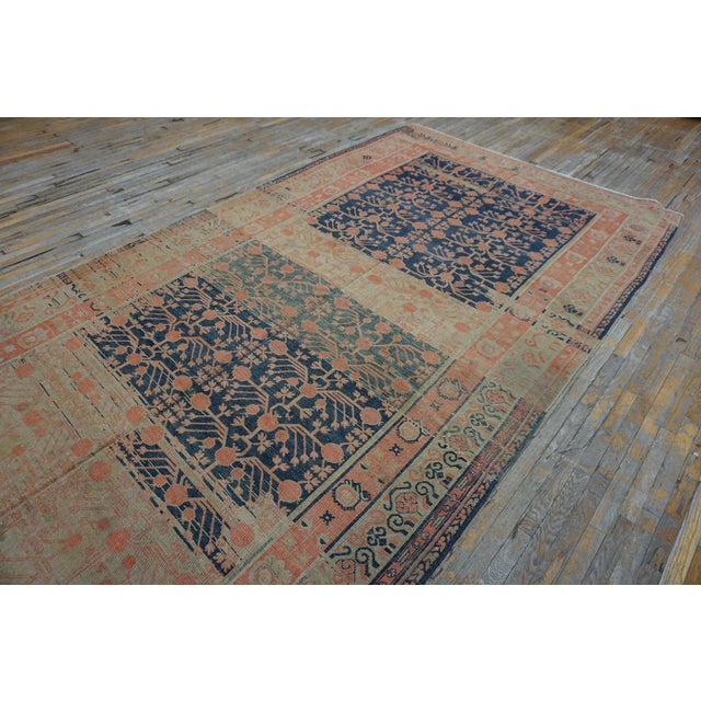 1920s Navy Rustic Pomegranate Antique Central Asian Khotan Carpet 7'4" X 14'4" Knotted Wool Rug For Sale - Image 4 of 10