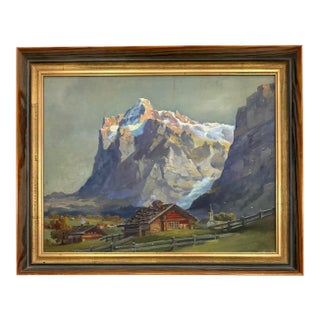 Mid-Century Original European Alpine Village Oil Painting on Board For Sale