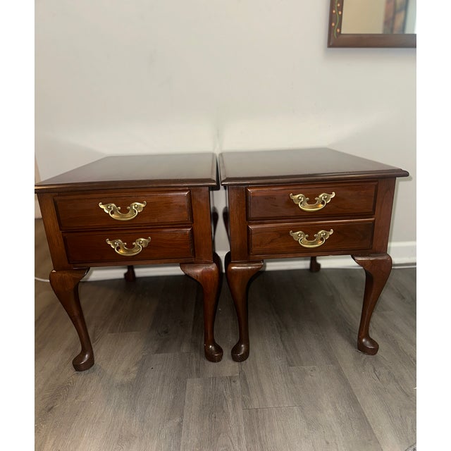 Hardwood vintage Queen Anne style bedside table set. Restored with original hardware from Boring Furniture Co.