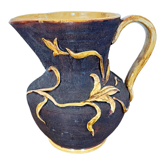 Oversized Italian Ceramic Pitcher With Applied Leaves For Sale