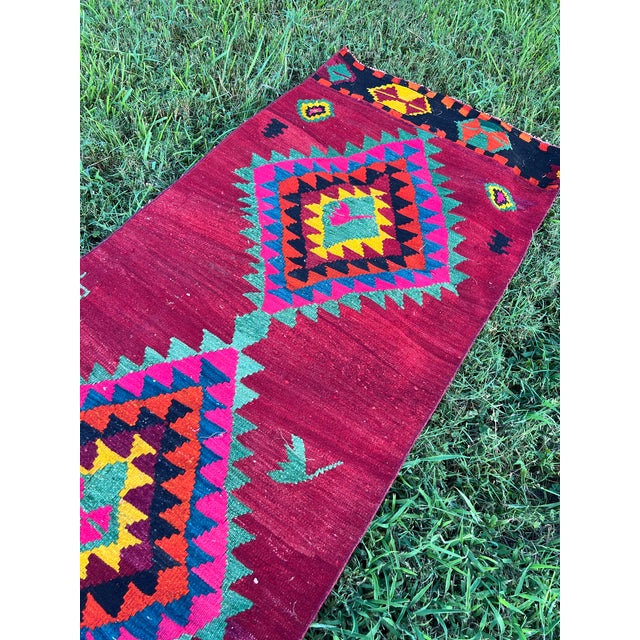 1950s Ruby Red Color Diamond Pattern Flatweave Kilim Rug For Sale - Image 4 of 8