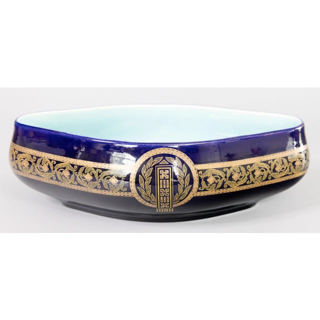Antique Neoclassical French Sarreguemines Majolica Cobalt Blue & Gilt Oval Centerpiece Bowl For Sale - Image 9 of 10