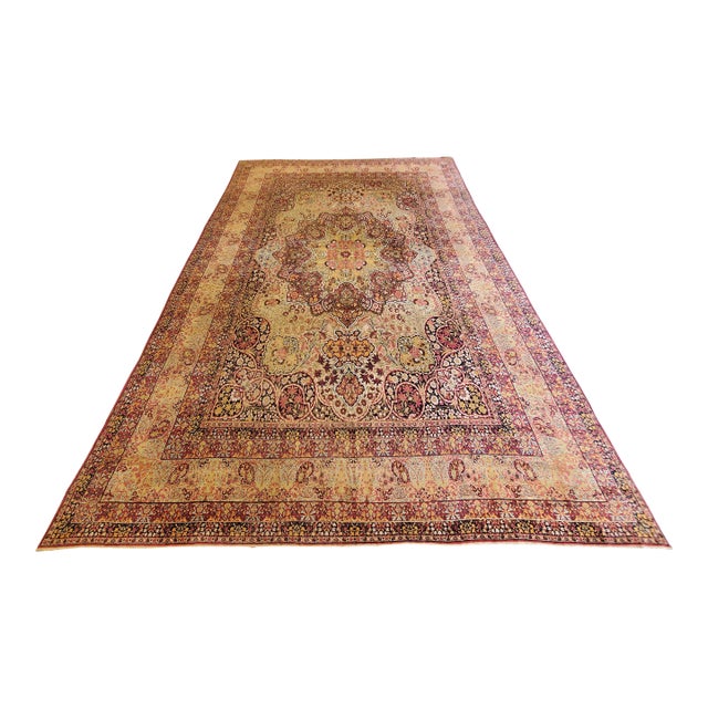 Antique Persian Lavar Kerman Carpet, Traditional, Soft, Gold, Ivory, Blue, Green For Sale