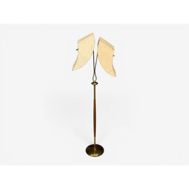 American Mid-Century Modern, Floor Lamp, Walnut, Vellum, Leather, USA, 1950s An interesting walnut and brass floor lamp...