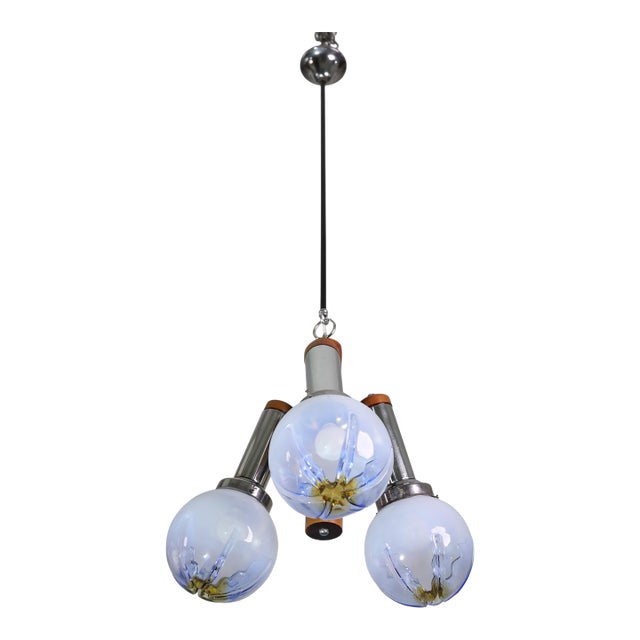 1970s Italian Midcentury 3 Light Turquoise Blu Murano Glass Chandelier by Mazzega For Sale