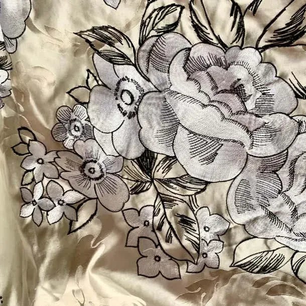 Chinoiserie Vintage Embroidered Silk Charmeuse Fabric, White Floral Champagne Taupe, Rare - 7 Yards For Sale - Image 3 of 5