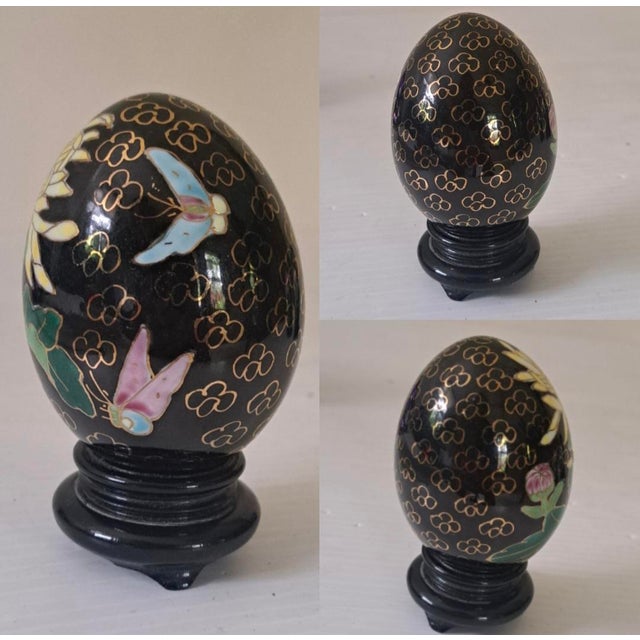 Vintage Chinese Cloisonné Enamel Floral Eggs W/Black Stands Set of 4 For Sale - Image 10 of 14