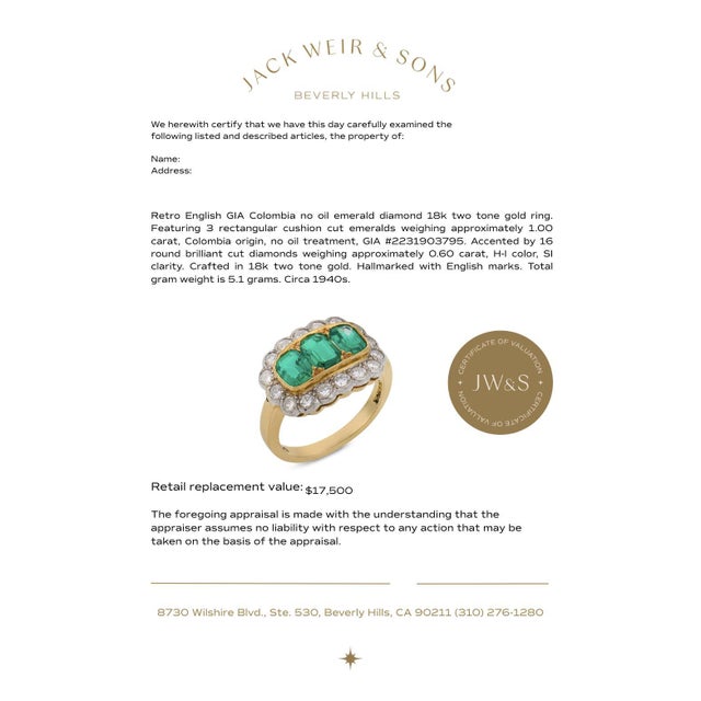 Green 1940s Retro English Gia Colombia No Oil Emerald Diamond 18k Two Tone Gold Ring, Size 4 For Sale - Image 8 of 8
