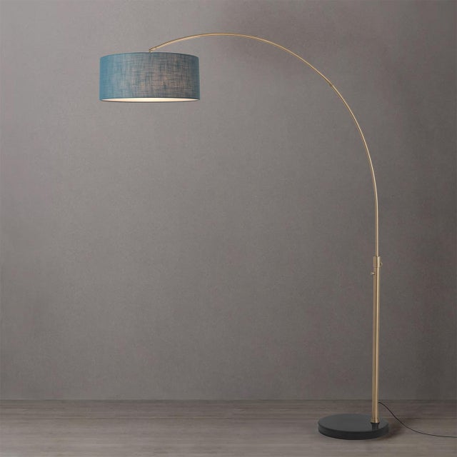 Mid-Century Modern 1950s Nova of California Mid Century Floor Lamp - Modern Arc Lamp, Weathered Brass, Pool Blue Linen Shade, Black Marble Base For Sale - Image 3 of 4
