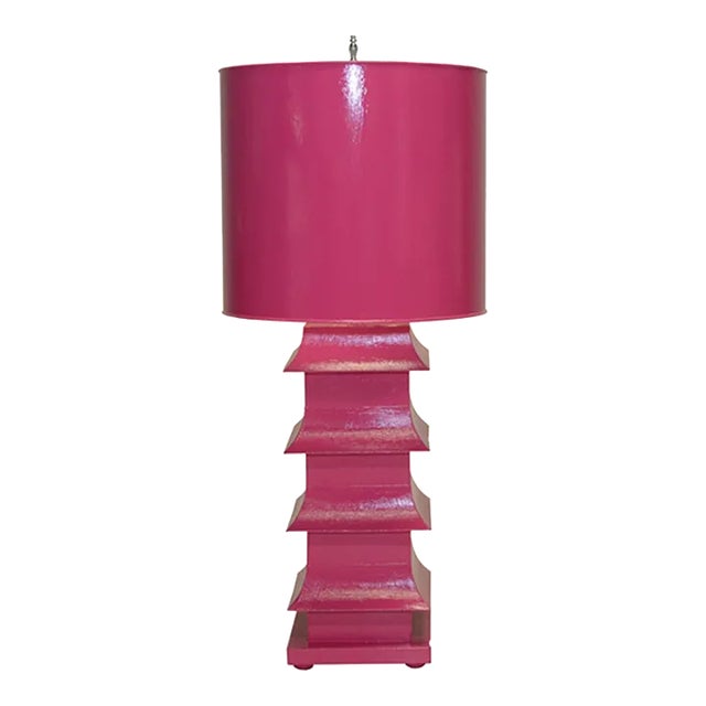 Matthew Izzo Home - Hand-Painted Wide Pagoda Tole Table Lamp in Hot Pink With Nickel Harp/Finial For Sale