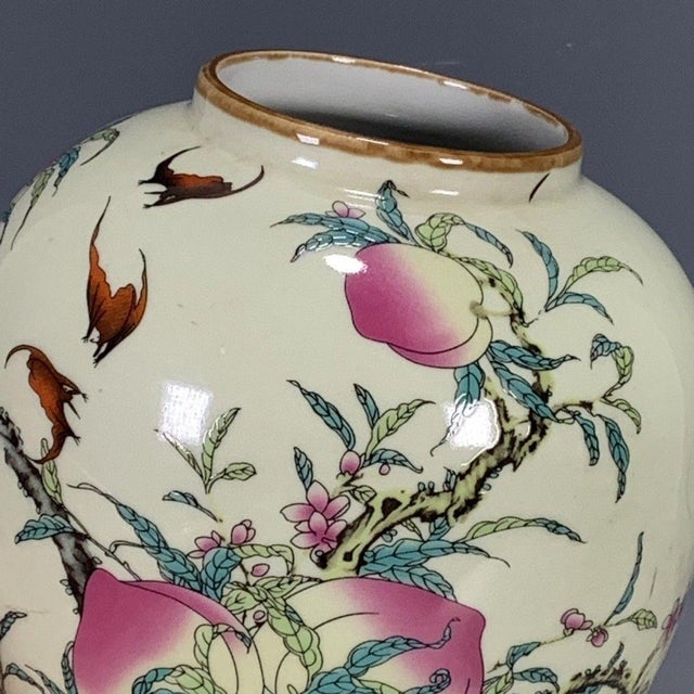 Celadon Vintage Chinese Celadon Famille Rose "Peaches & Bats" Jar With Marchant London Label For Sale - Image 8 of 9