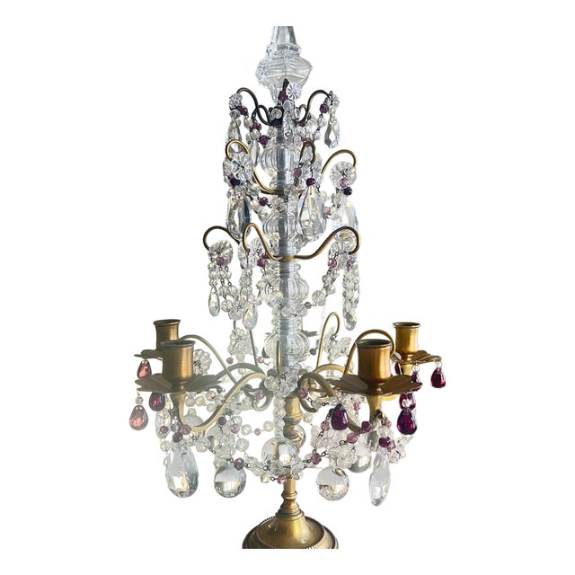 1920s Beautiful 5-arm French Girandole crystal candelabra with purple accents // table chandelier // brass and crystal candle holder // amethyst For Sale