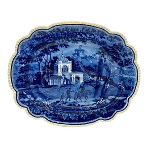 Absolutely Stunning Antique English Staffordshire Dark Blue Pearlware Well & Tree Turkey Platter - Circa 1830s