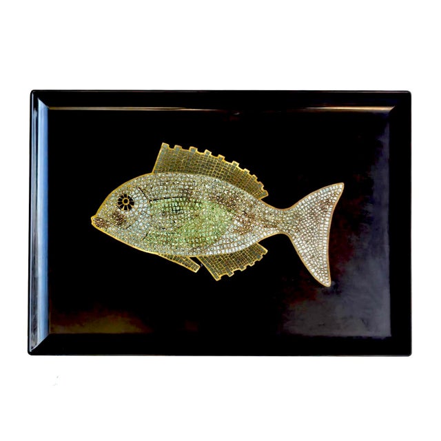 Mid 20th Century Mid 20th Century Couroc of Monterey Tray With Brass, Turquoise and Stone Inlay Fish For Sale - Image 5 of 15