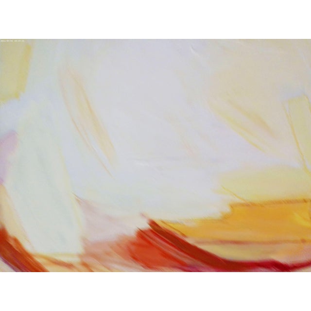 Vibrant acrylic abstract painting on stretched canvas in tropical shades of red, orange, pink, hot pink, yellow and white....