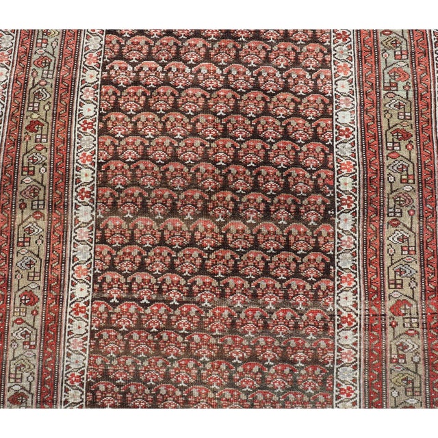 Antique Kurdish Gallery Runner With All-Over Paisley Design in Brown, Red, Green 4'3 X 10'1 For Sale In Atlanta - Image 6 of 10