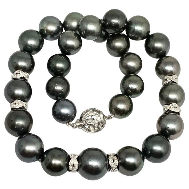 Metal Diamond Tahitian Pearl 14k Gold Necklace Certified For Sale - Image 7 of 10