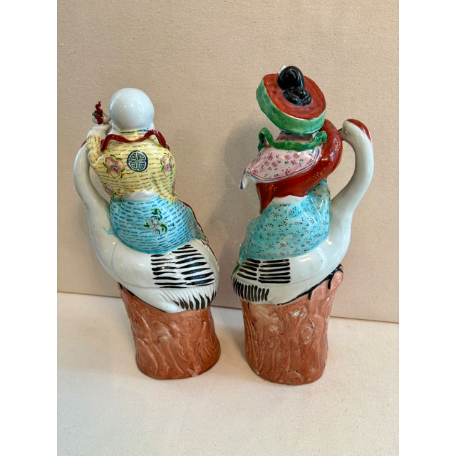 Rose Pair Antique Famille Rose Immortal Statues Qing Dynasty Shou Xing Magu For Sale - Image 8 of 8