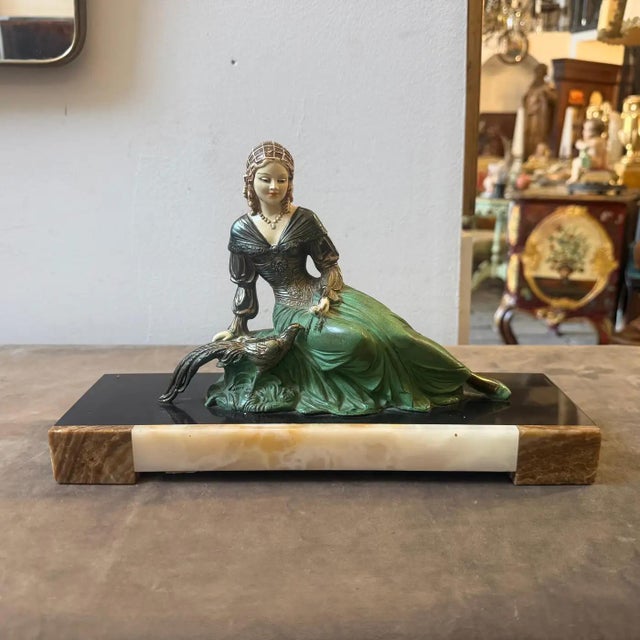 1930s A 1930s Art Deco Spelter and Marble French Statue of a Woman and a Pheasant For Sale - Image 5 of 15