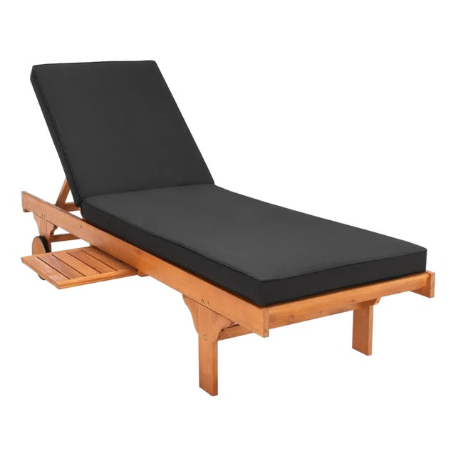 Newport Chaise Lounge Chair with Side Table, Natural/Black Cushion For Sale