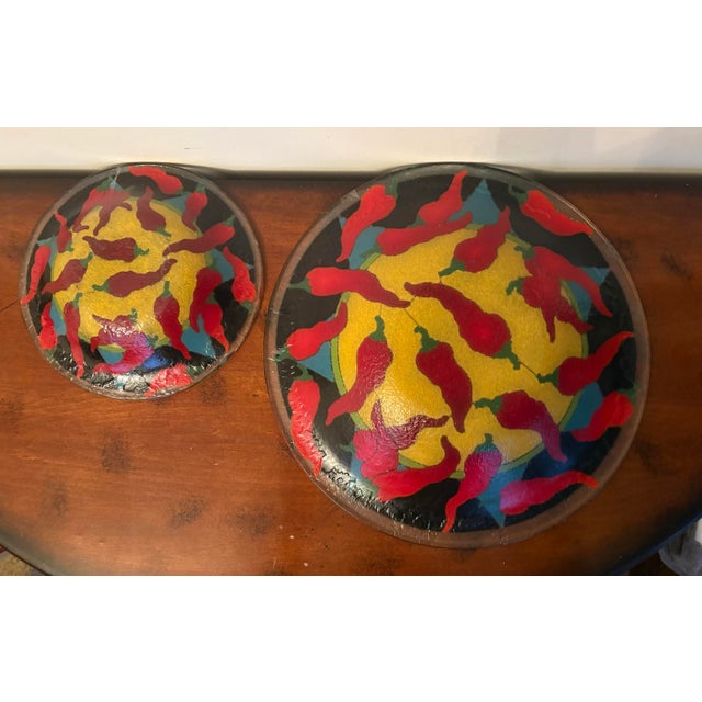Peggy Karr Two-Tier Fused Glass Serving Bowl Set With Metal Stand – Chili Pepper Art Glass Serveware For Sale - Image 4 of 10