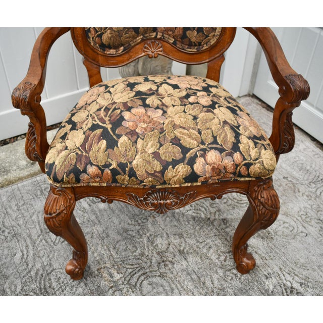 Brown Vintage Pair of Thomasville Carved Tuscan Style Arm Chairs W/Floral Fabric For Sale - Image 8 of 11