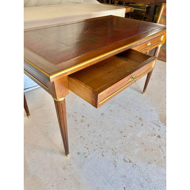 Early 20th Century French Louis XVI Style Walnut and Brass Leather Top Desk For Sale - Image 6 of 12