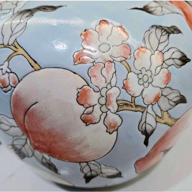Vintage 9" Chinoiserie Powder Blue Porcelain Melon Ginger Jar - Hand-Painted Longevity Peach & Blossom Motif For Sale - Image 9 of 11