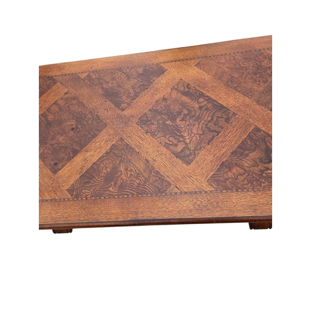 1990s Thomasville Fine Burl Trestle Table Parque Top Console Hall Table Jacobean Style For Sale - Image 11 of 15